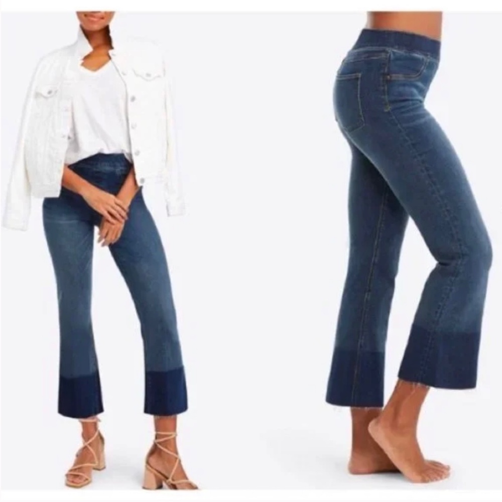 SPANX High Rise Dip Dye Colorblock Raw Hem Crop‎ Flare Pull On Jeans Large